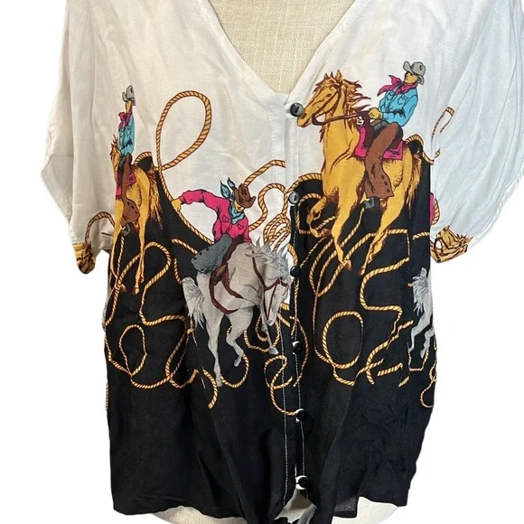 Roper Short Sleeve Button Up Blouse White Black Cowboy Rodeo Tie Front Womens L - Picture 2 of 9